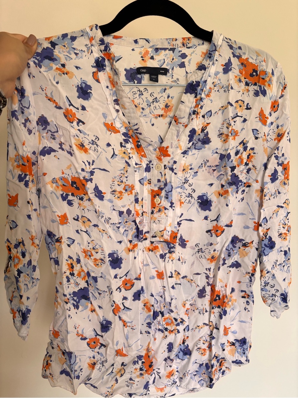 GAP White Floral Button-Front Blouse with Orange & Purple Accents